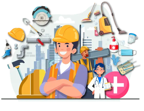 Illustration showcasing Starlinks' product range including building materials, medical equipment, cleaning supplies, HVAC tools, and power tools